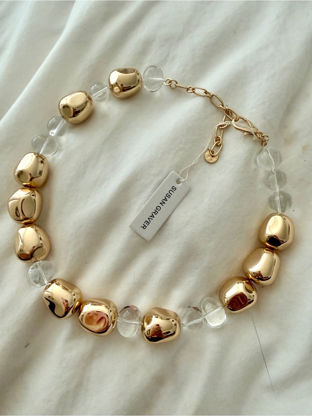 NIB Susan Graver Chunky Gold & Clear Nuggets Goldtone Necklace 16”-20”